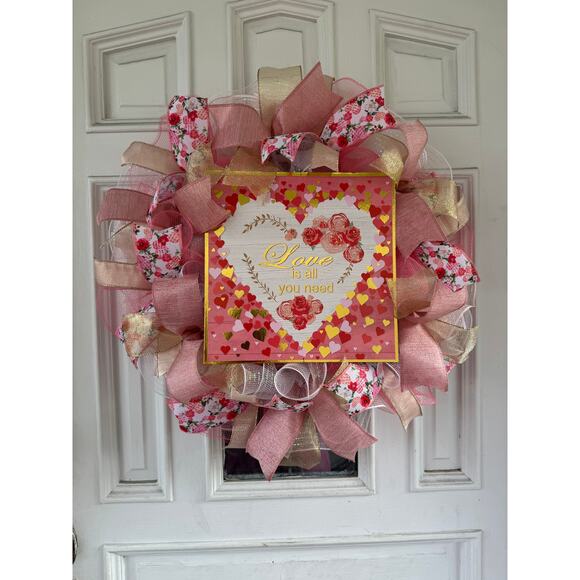 Love is All You Need Valentines Day Heart and Roses Spring Wreath Door Hanger - Picture 1 of 7